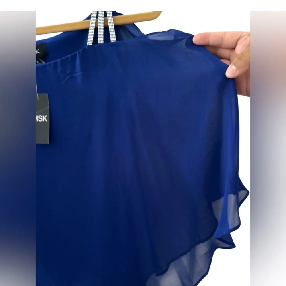 NWT MSK Chiffon Drape Rhinestone-Strap Blue Blouse Women’s Size Medium - Picture 3 of 12